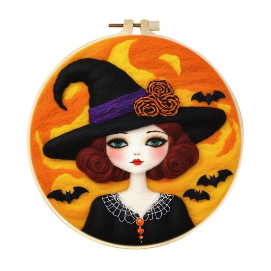 Halloween Needle Felting Kit Beginner Felt Craft Set DIY Felt Painting with Faux Wool Needle Frame Stamped Fabric for Adults Handcraft Lovers