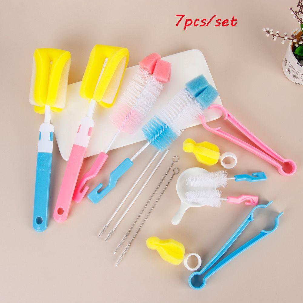7pcs Head 360-degree Spout Cup Clean Sponge Rotating Baby Nipple Bottle Brush