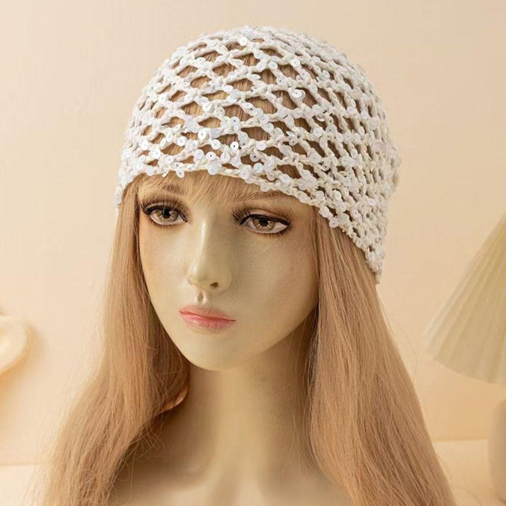 Thin Crochet Sequined Hat Elegant Bohemian Style Beanies Casual Weave Cap  Apparel Accessories