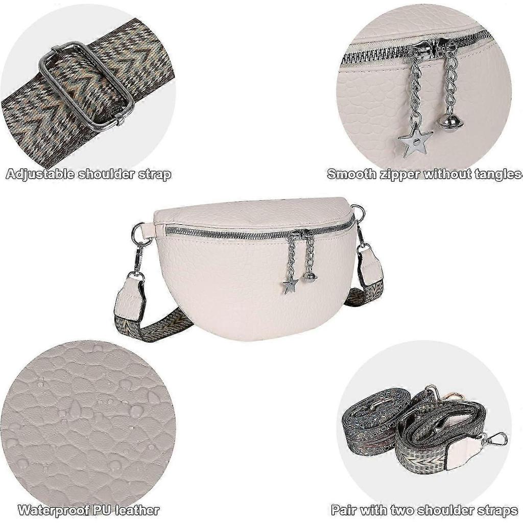 Fanny Packs for Women, Wide Strap Crossbody Bags, Leather Sling Belt Bag for Women, Trendy Waist Bags Waterproof for Party, Travel, Gift, White