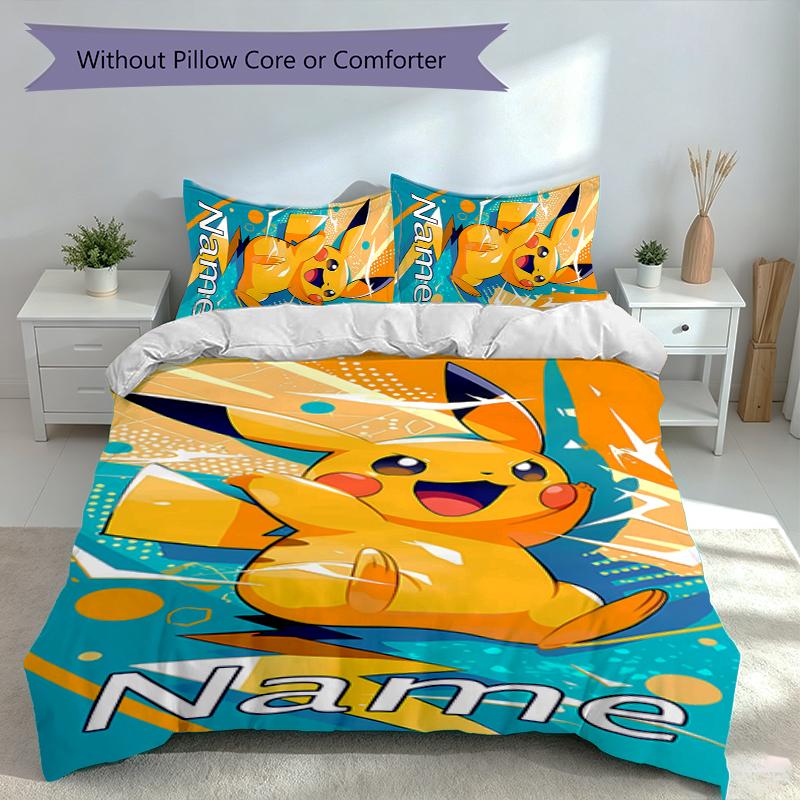 3pcs Custom Name Pokémon Pikachu Bedding Set,Includes 1 Duvet Cover and 2 Pillowcases,All-season Bedroom Decor