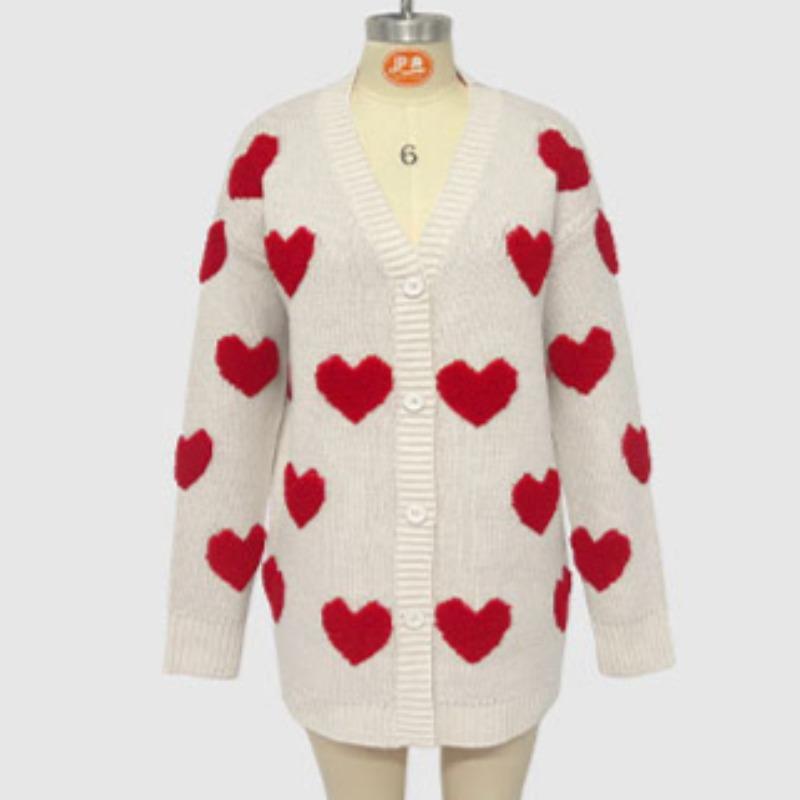 Autumn and Winter Women's Plus Size Sweater Valentine's Day Love Knitted Cardigan V-Neck Button Mid-Length Jacket