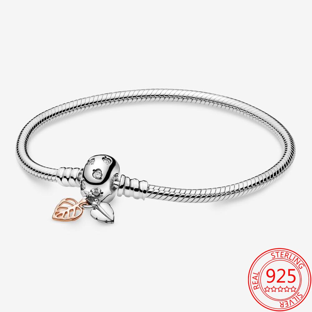 925 Sterling Silver Basic Chain Moments Silver Bracelet ,Fallen Leaves Chain Clasp Bracelet Rope Charm Fit Original Pan Jewelry