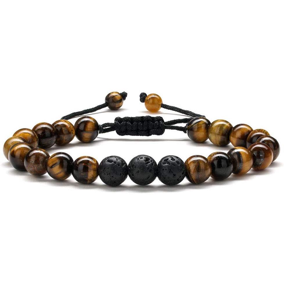 Мужской плетеный браслет из тигрового глаза и лавового камня - Подарок, ручная работа, бусины из черного агата 8 мм