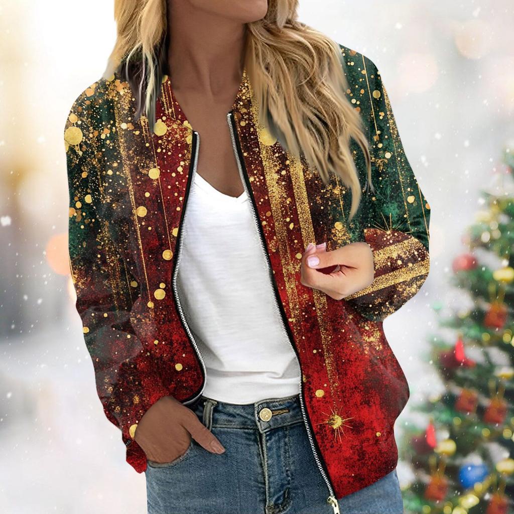 Женская легкая короткая куртка с длинными рукавами на молнии с принтом, повседневная стеганая куртка с карманами, рождественская