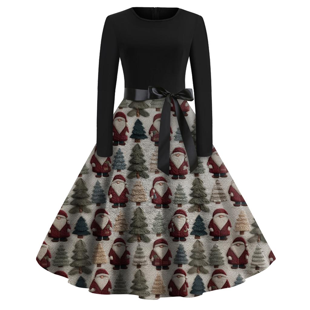 Женское модное повседневное платье приталенного кроя с круглым вырезом, рождественским принтом и длинными рукавами