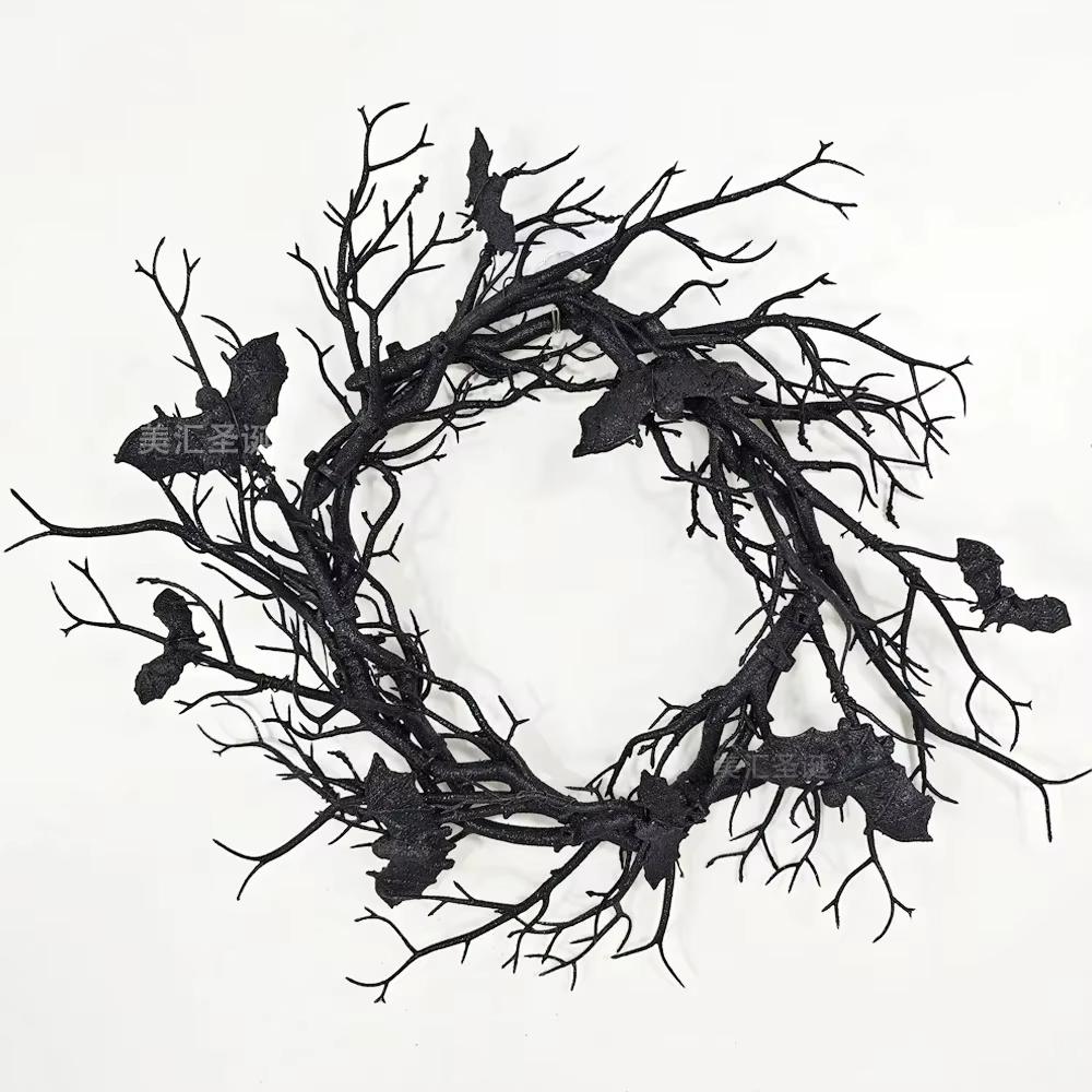 Halloween Artificial Wreath Bat Black Branch Wreaths Wreath for Front Door with LED Light Window Home Decor Halloween Decoration