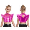 Kids Girls Metallic Tank Tops Mock Neck Mesh Patchwork Rhinestone Adorned Sleeveless Shiny Ruffle Crop Tops with Press Buttons Keyhole Back Dance Shir