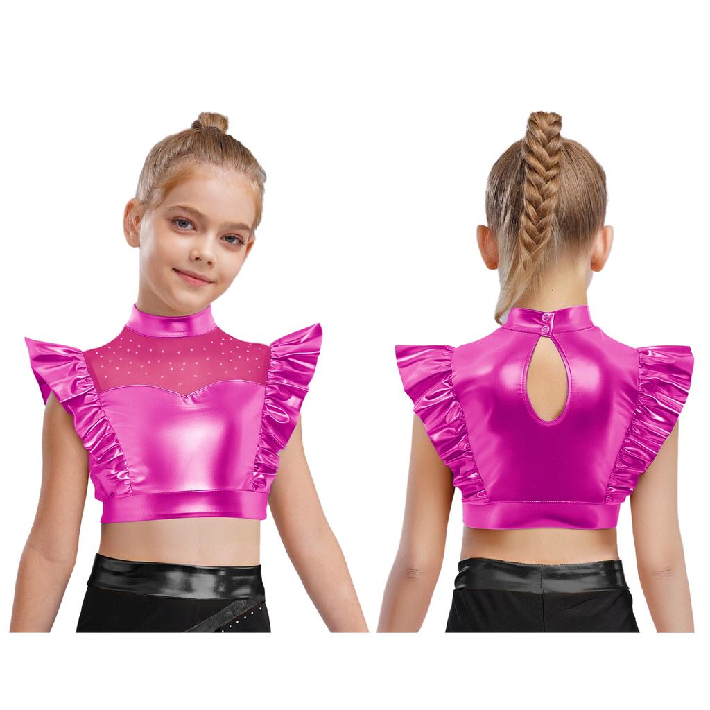 Kids Girls Metallic Tank Tops Mock Neck Mesh Patchwork Rhinestone Adorned Sleeveless Shiny Ruffle Crop Tops with Press Buttons Keyhole Back Dance Shir