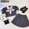 College Style Girls' Suit British Style Pleated Skirt Suit Skirt Short Solid Color Uniform Summer Skirt Set