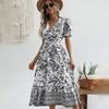 Women Midi Dress V Neck Short Puff Sleeve Color Matching Floral Print High Tight Waist A-line Big Swing Vacation Prom Party Summer Midi Dress