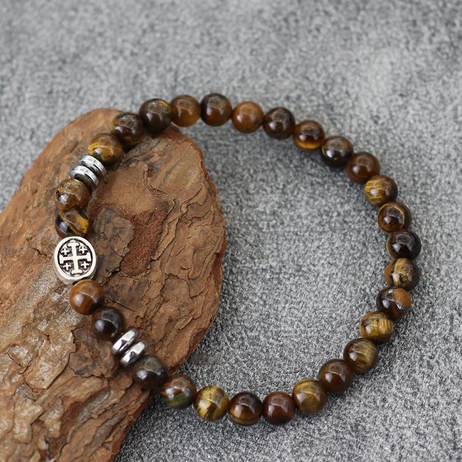 Fashion Men Natural Stone Handmade Bracelet Oval Cross Hematite Tiger Eye Stone Brass Braslet Meditation Wrap Hand Jewelry