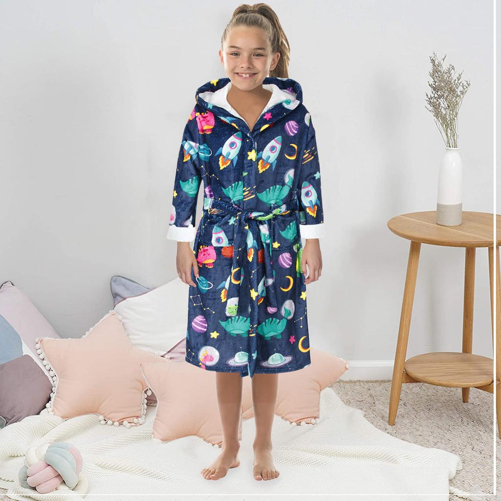 Sagit Boys Girls Cartoon Print Bathrobes Flannel Night-Robe Sleepwear