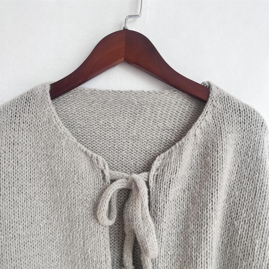 Women's Classic Tie-Front Knit Cardigan - Solid Color Round Neck Sweater Casual Pullover