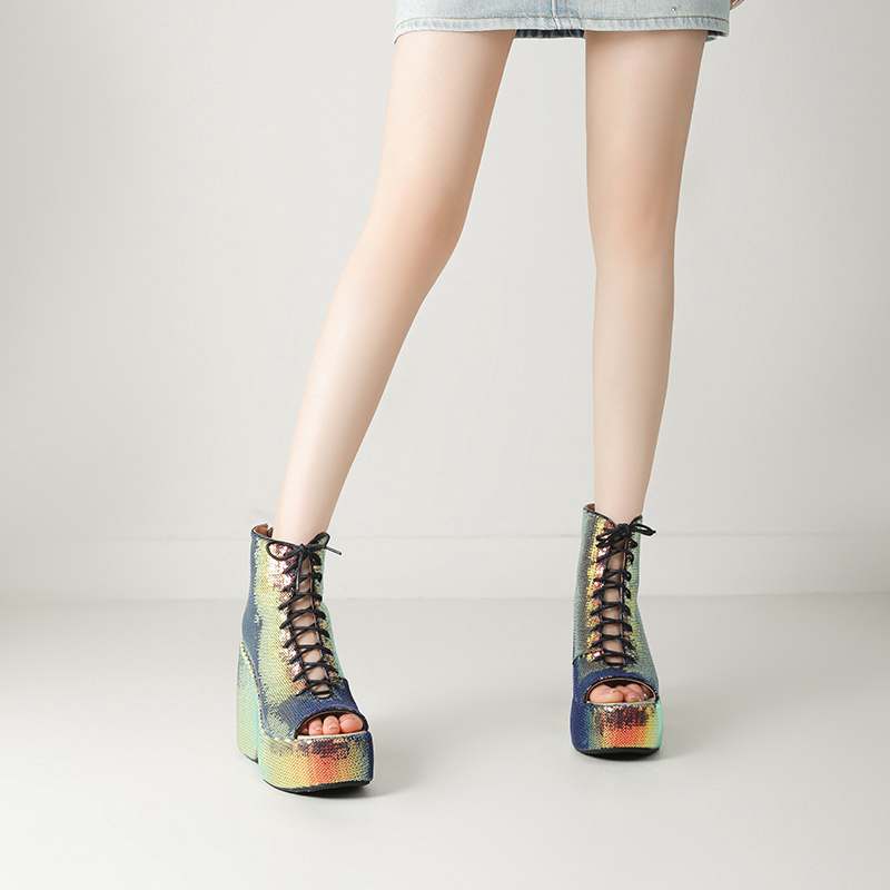 Krazing Pot Блестящая ткань весна лето размер 43 размер 42 женские платформы женские открытый носок сексуальные летние сапоги на шнуровке туфли-лодочки