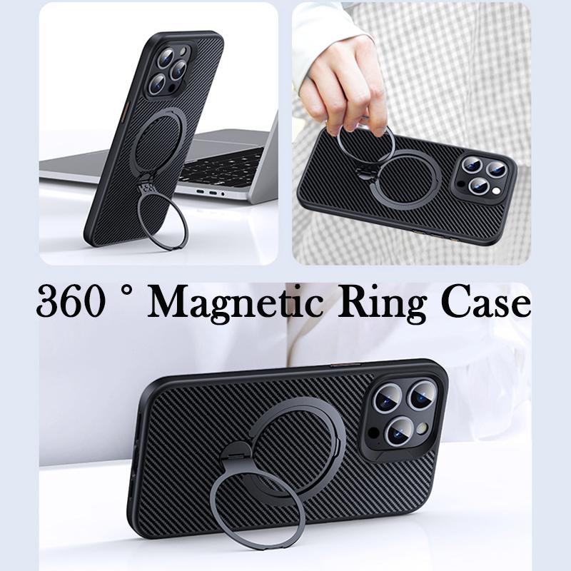 KEYSION Чехол из углеродного волокна с текстурой для MagSafe для iPhone 15 Pro Max 14 13 12 с вращающимся магнитным кольцом-подставкой, противоударный чехол для телефона