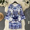 Autumn Vintage Brand Designer Print Runway Dresses Women Flare Sleeve Mini Short Party Dress