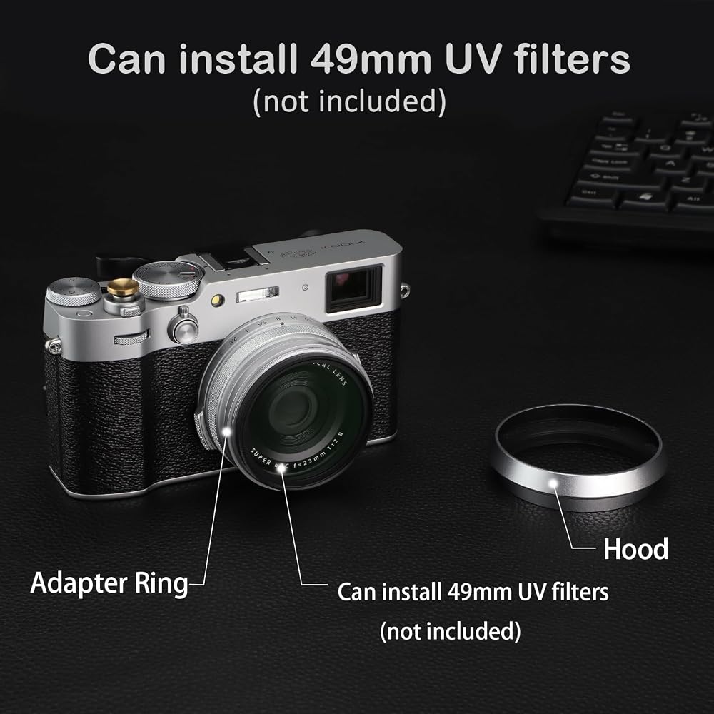 Haoge LH-X53W Lens Hood with Adapter Ring Cap, for Fujifilm Fuji FinePix X70 X100 X100S X100T X100F X100V Cameras, Silver