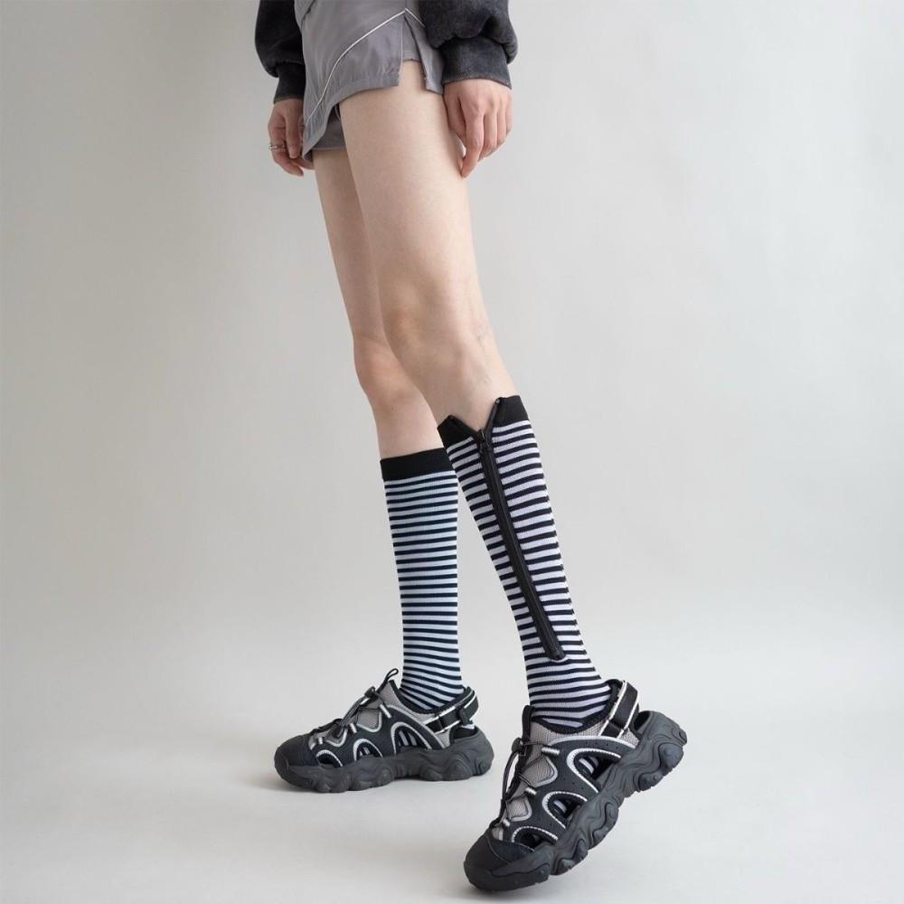 Retro Stripe Pressure Socks Soft Elastic Compress Zipper Socks Sweat-Absorbing Breathable Cycling Sports Socks Outdoor Exercise