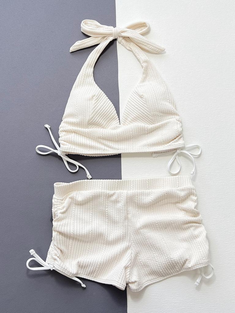 Women's Swimsuit Solid Color Halter Neck Sexy Backless High Waist Boxer Shorts Split Swimsuit Bikini Beachwear Bathing Suits