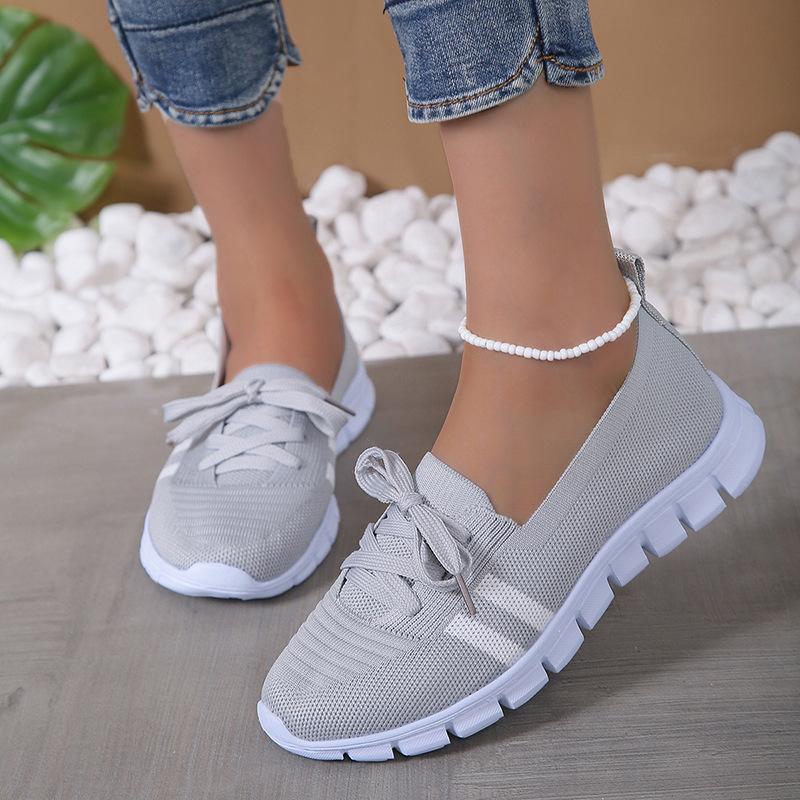 Mesh Knitted Striped Flats Shoes for Women Summer Lace Up Casual Sneakers Woman Soft Sole Breathable Loafers Plus Size 43