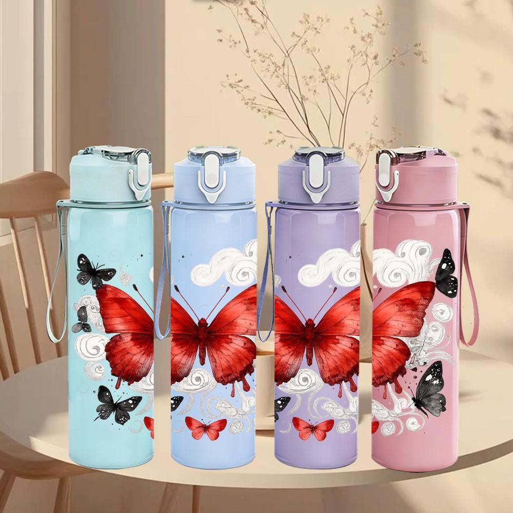 1PC Red Black Butterfly Rose Art Print 750ml Color Plastic Sports Water Bottle Leakproof Flip Straw Lid Suitable for Sports Office Home Use