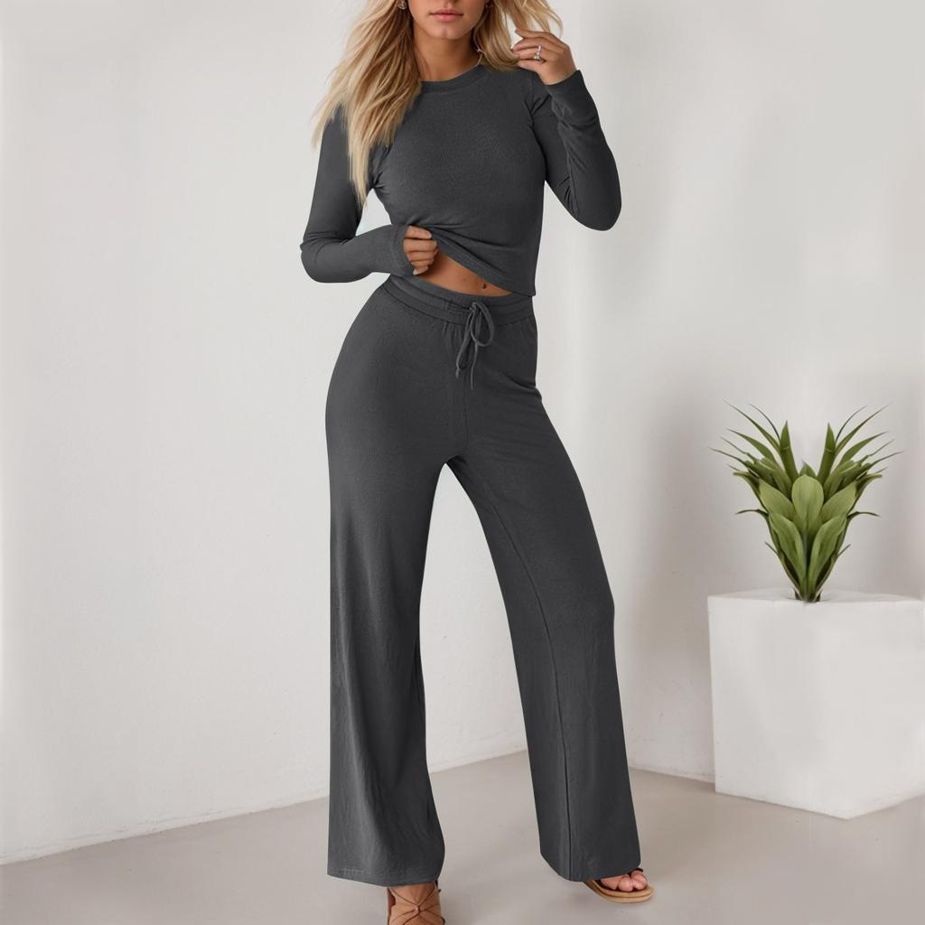 Женская спортивная одежда, повседневный короткий топ, длинные брюки, однотонный комплект из двух предметов, комплект с длинными рукавами