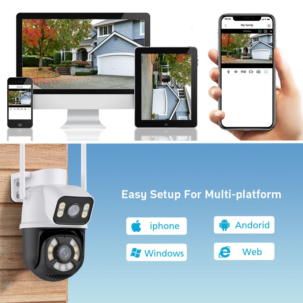 AIOOK Наружная Wi-Fi камера видеонаблюдения HD 8MP 4K с двумя объективами IP-камера безопасности Цветная камера ночного видения IP66 Водонепроницаемый приложение ICSEE Двусторонний диалог Удаленный просмотр