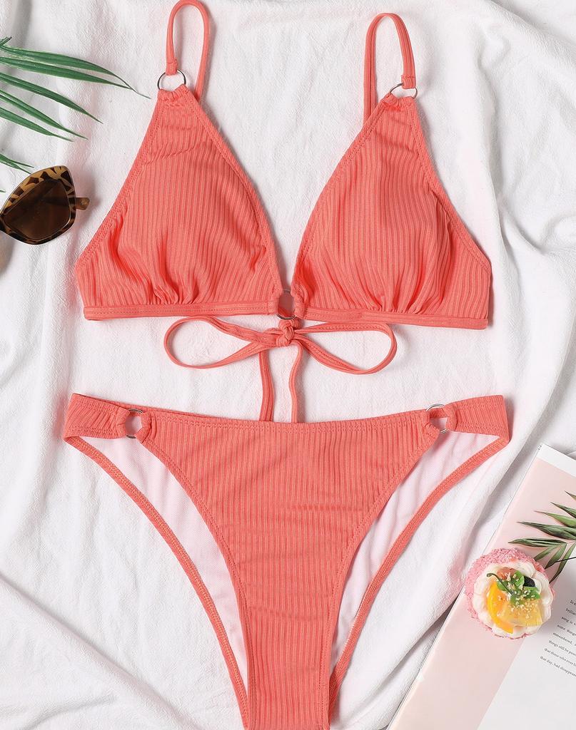 Женский купальник, однотонный купальник с треугольными чашечками и V-образным вырезом, сексуальный бикини с завязками на спине, пляжная одежда, купальные костюмы