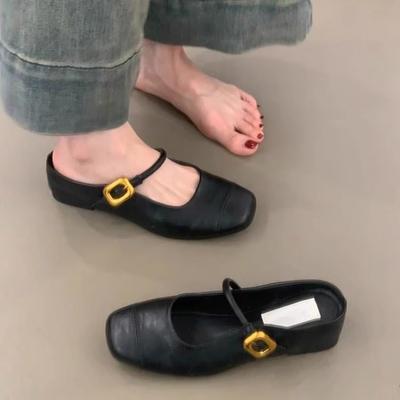 Версия из мягкой кожи~ квадратный носок ретро внутренняя высота увеличение полушлепанцы женские слово с мелким вырезом кожаные универсальные для работы сумка голова сандалии