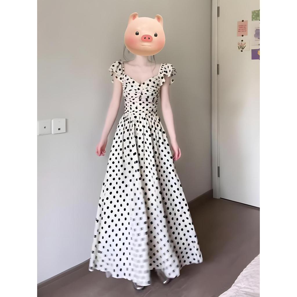 Retro Gentle Wind Black and White Polka Dot Small Flying Sleeve Dress Vacation Style Temperament Waist a Word Long Dress Summer