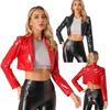Women's Leather Lapel Style Long Sleeve Cropped Coat Motorcycle Jackets Costume