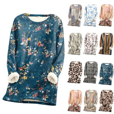 Женский топ с круглым вырезом и принтом из утолщенного плюша и кашемира, теплый длинный топ