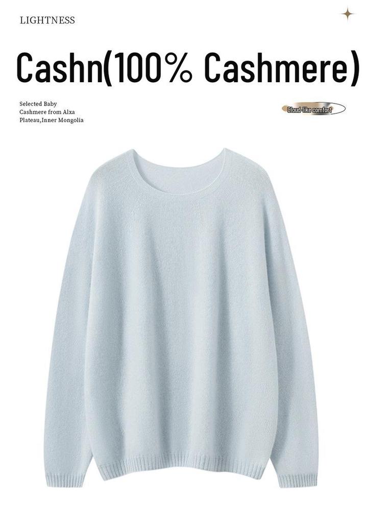 Women's Round Neck Versatile Cashmere Sweater - Solid Color, Long Sleeve, Fashionable Lazy Style for Spring, Autumn, and Winter