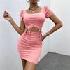 Женское мини-платье bodycon с квадратным вырезом, короткими рукавами, боковым вырезом и регулируемым завязыванием, облегающий силуэт