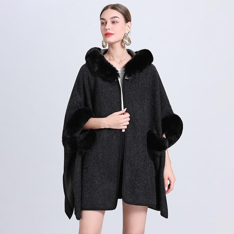 879 Fall Winter Faux Rabbit Fur Hooded Cape Cardigan Loose Plus Size Coat With Pockets