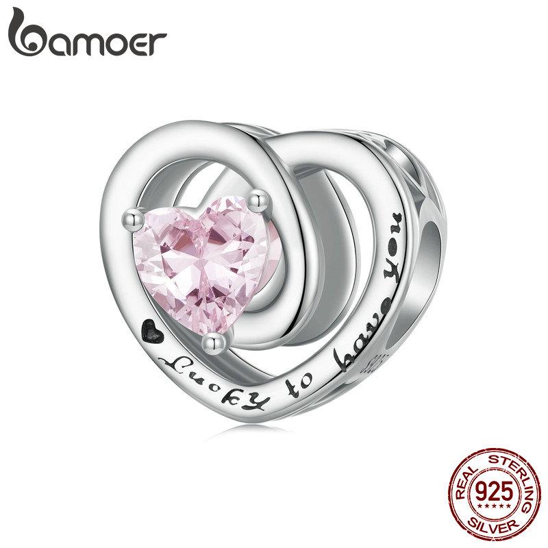 BAMOER стерлингового серебра 925 пробы розовое сердце бусины бабочка подвеска для женщин браслет и ожерелье DIY подарок на День благодарения ювелирные изделия