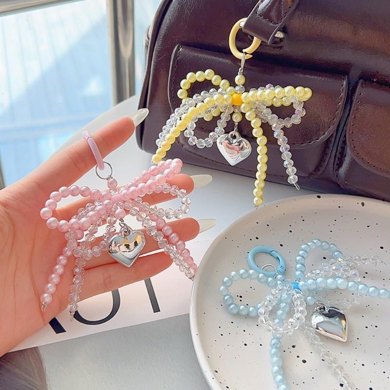 Y2K Bowknot Pearls Bag Pendant Charm Heart Keychain Elegant Beaded Keyring Sweet Bow Phone Key Chain