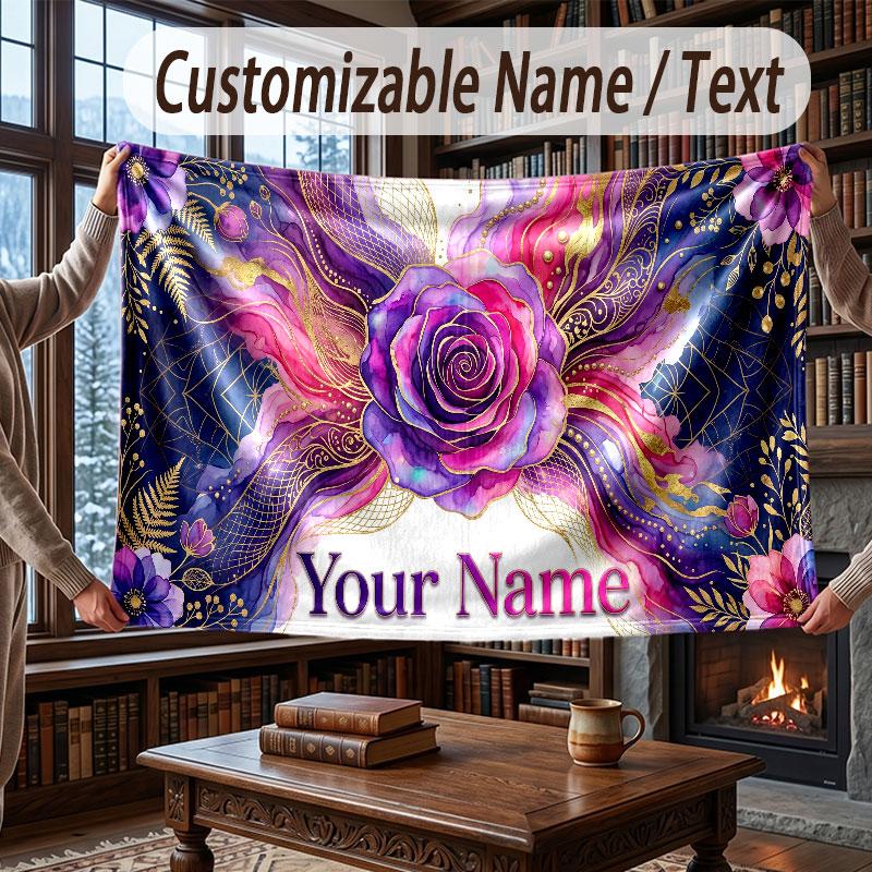 Floral Garden Theme Throw Blanket Custom Name Text Personalized Blanket Soft Cozy Blanket for Home Sofa Bed