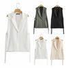 Women Vest Coat Turn-down Collar Sleeveless Loose Solid Color Single Button Cardigan Strap Decor Mid Length Commute Formal Suit Waistcoat