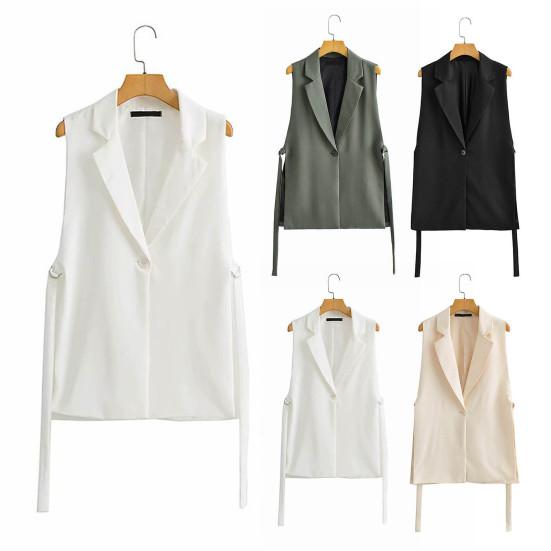 Women Vest Coat Turn-down Collar Sleeveless Loose Solid Color Single Button Cardigan Strap Decor Mid Length Commute Formal Suit Waistcoat