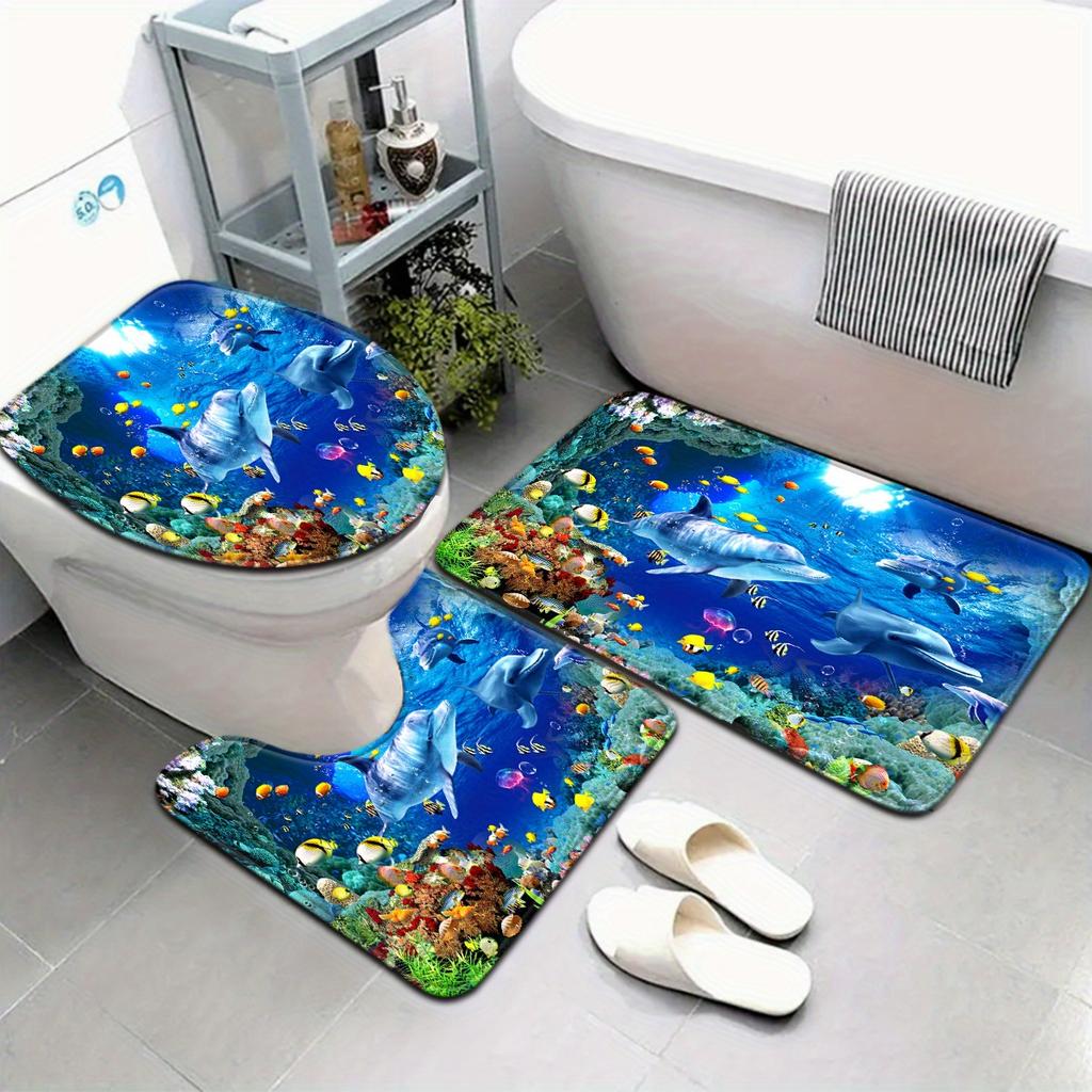 3pcs Underwater World Series Colorful Jellyfish Dolphin Pattern Bathroom Mat Set Toilet Seat Cover U-Shaped Foot Pad