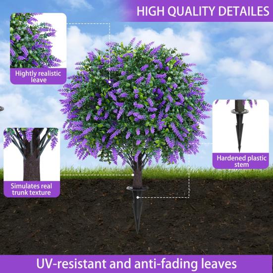 Artificial Topiary Ball with Lavender Flowers 16 Inches UV Resistant Faux Shrubs with Ground Spike Fake Evergreen Plant Artificial Brush Garden Decor