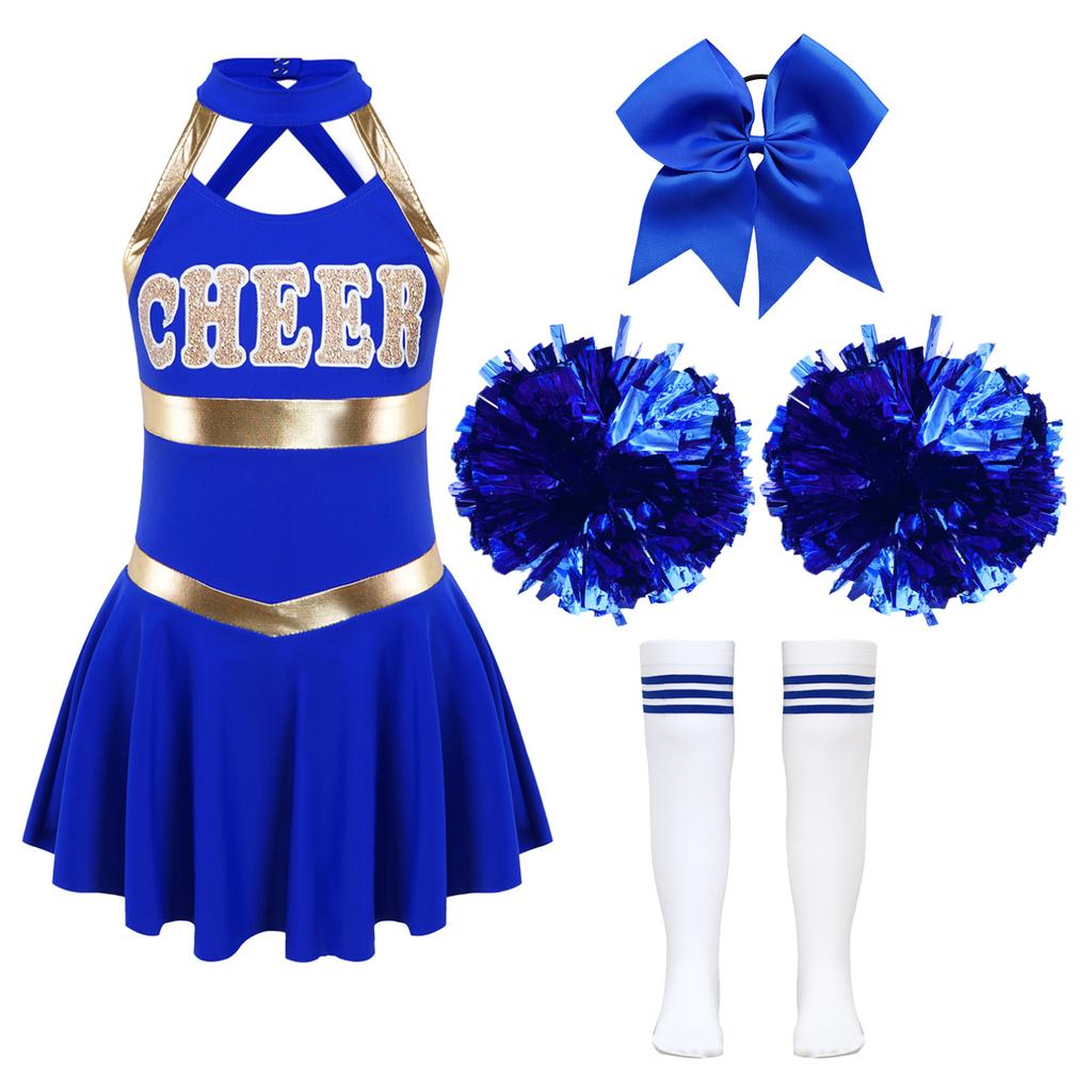 Kids Girls Cheer Leader Costume Halloween Cosplay Party Outfits Uniform Sleeveless Dress with Pom Poms Hair Tie Socks