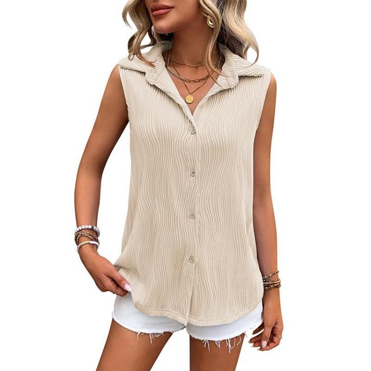 Summer Women Solid Color Lapel Sleeveless Button Blouse Shirt Top