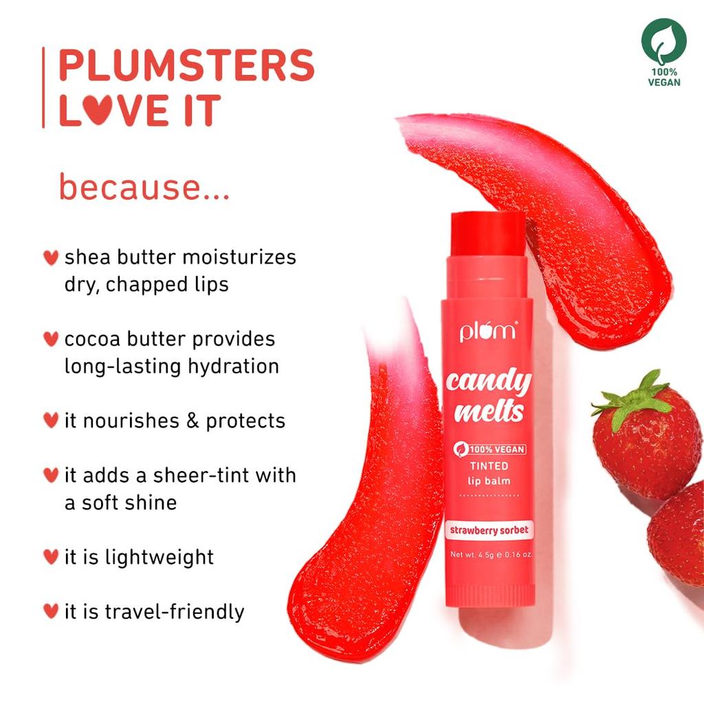 Plum Кэнди Мелтс Клубничный Сорбет Оттеночный Бальзам для Губ 4,5 г Упаковка 1 шт. | Увлажнение и Увлажнение Губ