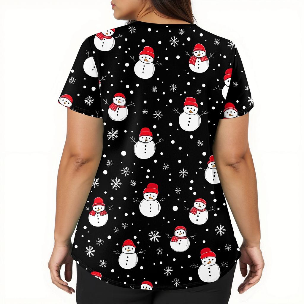 Women's Fashion V-neck Short Sleeve Workwear With Pockets Christmas Printed Tops