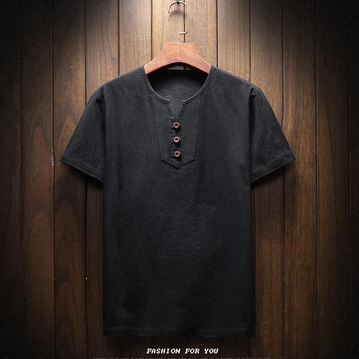 Мужская летняя 2022 года хлопково-льняная футболка с коротким рукавом на двух пуговицах - мягкая и дышащая