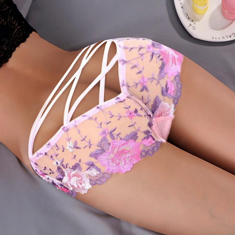 Women Sexy Hollow Briefs Mesh Transparent Underpants Underwear Lace Embroidery Panties Bandage Erotic Briefs Lingeire