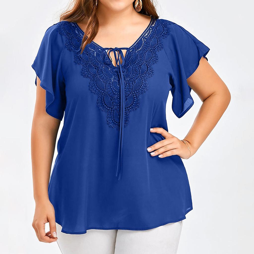 Women Fashion Plus Size Lace T-Shirt Blouse  Short Sleeve Tops